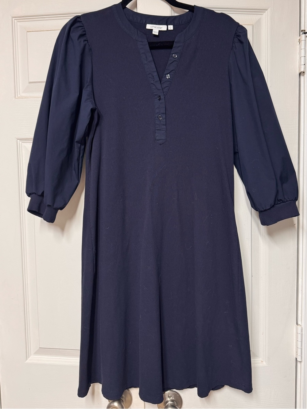 Chico's Navy Blue Ribbed Knit Balloon Sleeve Dress Women size 1 / Medium / 8